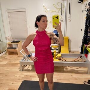 Hot Pink Sequin Halter Mini Dress | Stretch Bodycon Party Dress | Bachelorette